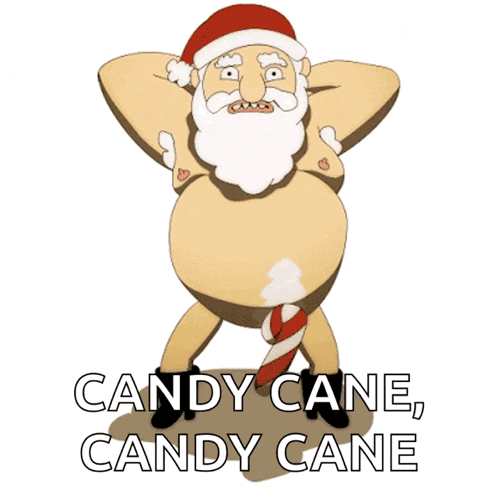 a cartoon of santa claus with a candy cane in his pants