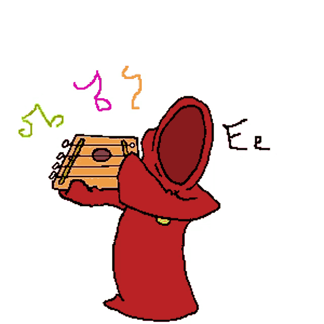 a cartoon drawing of a person with a hood holding a musical instrument