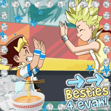 two cartoon characters giving each other high fives with the words besties 4 evan