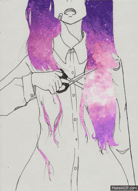 a drawing of a girl cutting her hair with scissors with a galaxy background