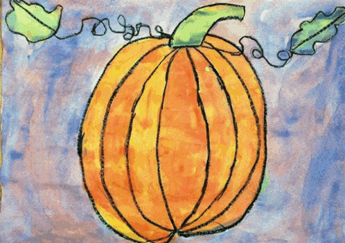 a painting of a pumpkin with a green leaf on a striped background