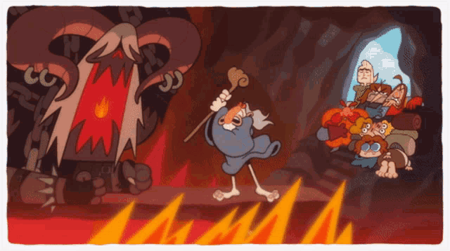 a cartoon of a man holding a stick in front of a fire