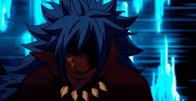 a cartoon character with blue hair and a necklace