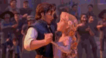 a couple of cartoon characters are hugging each other and smiling .