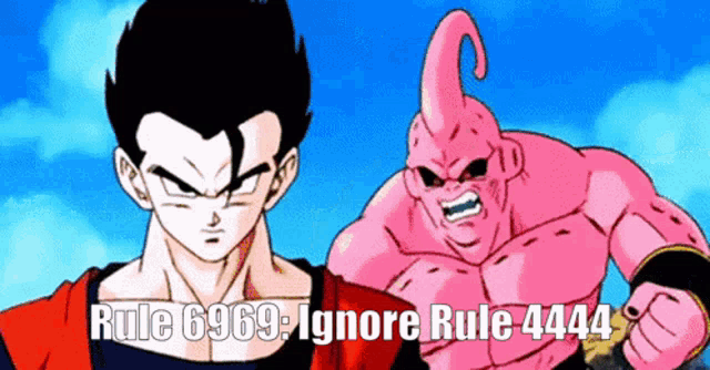 a picture of a man and a pink monster with the words rule 6969 ignore rule 4444