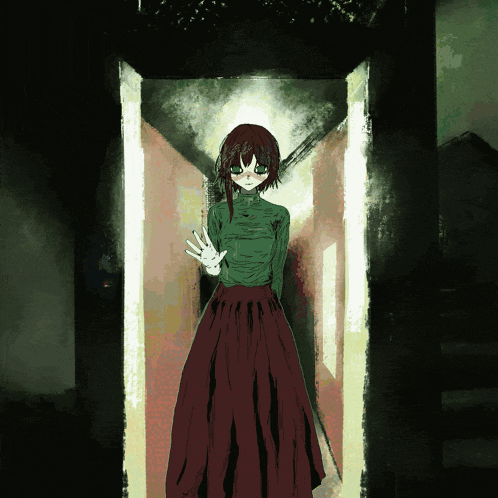 a woman in a green shirt and red skirt is standing in a doorway