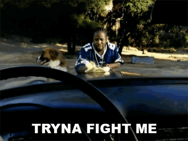 a man and a dog are in a car with the words tryna fight me