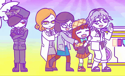 a group of cartoon characters standing next to each other with one wearing a hat with wings on it