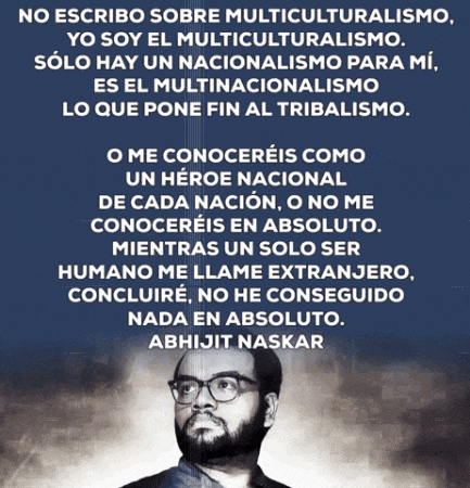 a man with glasses stands in front of a blue background with a quote by abhijit naskar