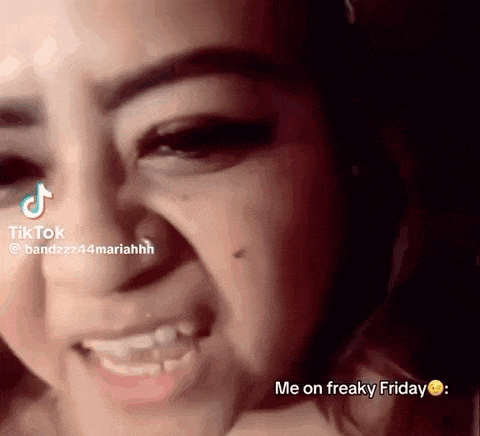 a close up of a woman 's face with the words `` me on freaky friday '' written on the bottom .