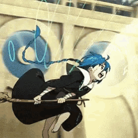 a cartoon character with blue hair is flying on a broom .