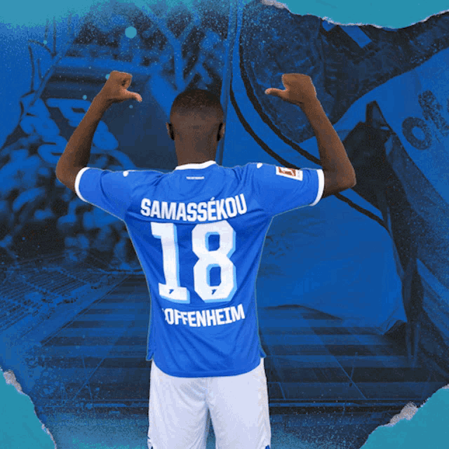 a man wearing a blue shirt with the number 18 on the back