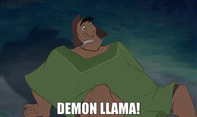 a cartoon character says demon llama ? where ? next to a horse