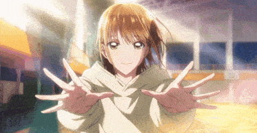 a girl in a hoodie is reaching out her hands