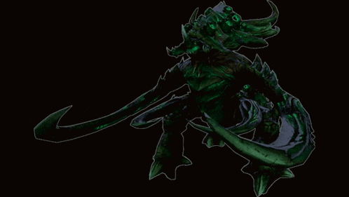 a drawing of a monster with green eyes and horns on a black background