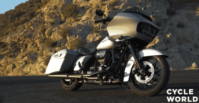 a silver harley davidson motorcycle is parked on a road