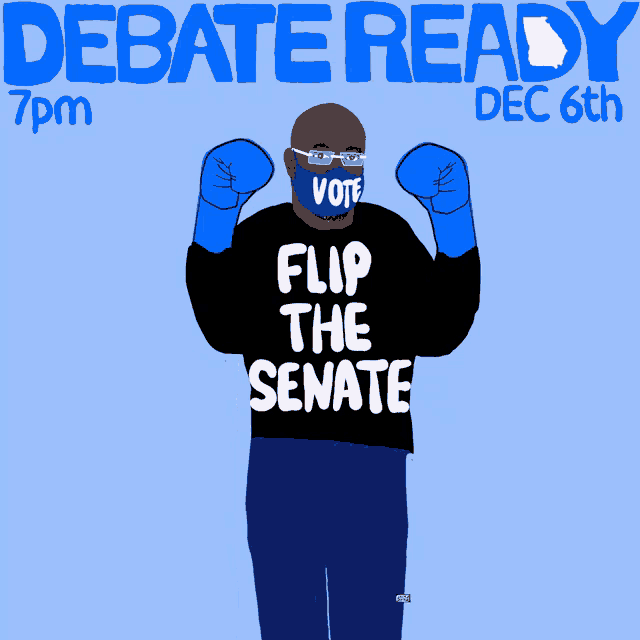 a man wearing a flip the senate shirt stands in front of a sign that says debate ready