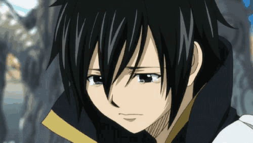 a close up of a black haired anime character with a yellow collar