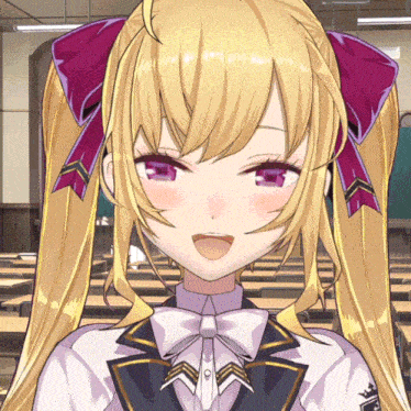 a girl with blonde hair and purple eyes is standing in a classroom