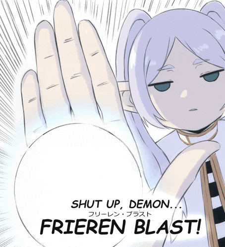 a cartoon of a girl holding a white ball with the words shut up demon frieren blast on it