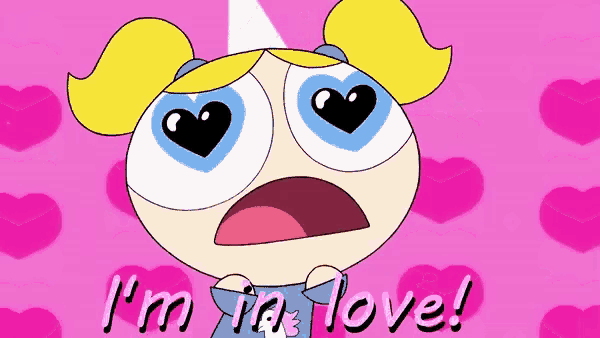 bubbles from the powerpuff girls says i 'm in love on a pink background
