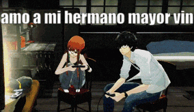 a man and a woman are playing a video game with the words amo a mi hermano mayor vin