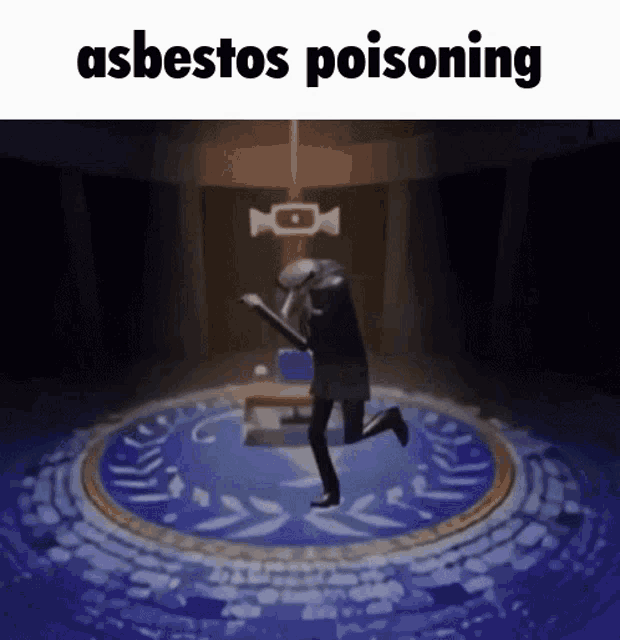 a cartoon of a man running in a circle with the words asbestos poisoning