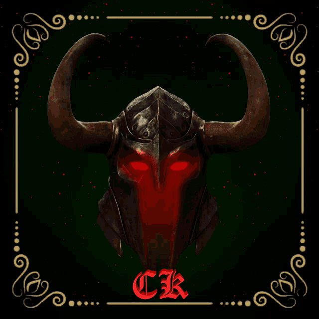 a picture of a knight 's helmet with red eyes and the letter c on it