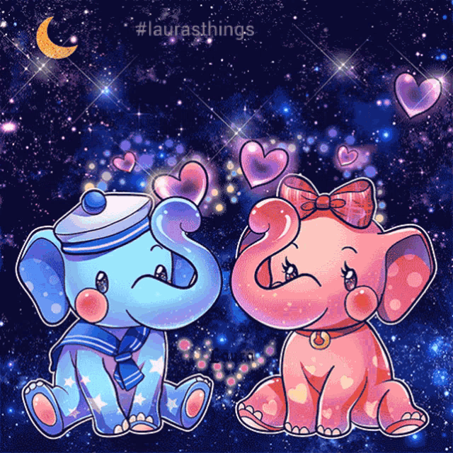 a couple of elephants are sitting next to each other with hearts in their mouths
