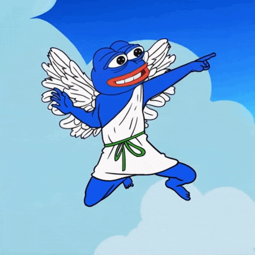 a blue cartoon character with wings is pointing