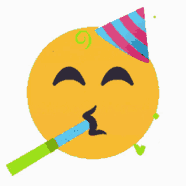 a yellow smiley face wearing a party hat and blowing a party horn