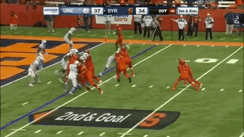 a football game between syracuse and unc is being played on a field