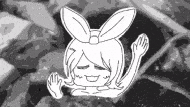 a black and white drawing of a girl with bows on her head
