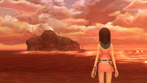 a girl in an orange dress stands in front of a sunset over the ocean