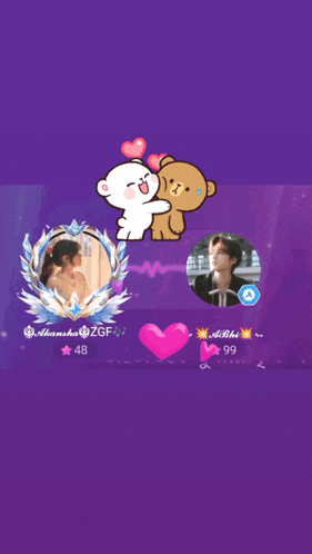 a purple background with a cartoon of a bear hugging a girl and a boy