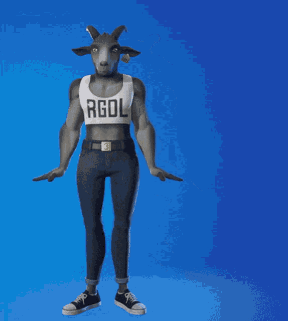 a goat wearing a white tank top that says rgdl on it