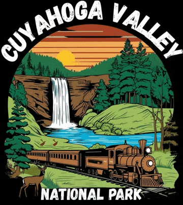 a poster for cuyahoga valley national park shows a train and a waterfall