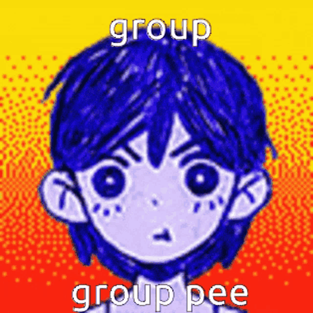 a pixel art of a boy with blue hair and the words group group pee on the bottom
