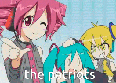 a group of anime girls are standing next to each other with the words " the patriots " on the bottom right