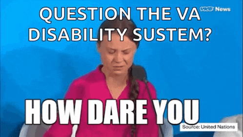 a woman is giving a speech with the words question the va disability system how dare you on the bottom