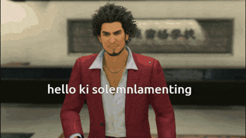 a man in a red suit stands in front of a sign that says hello ki solemnlamenting