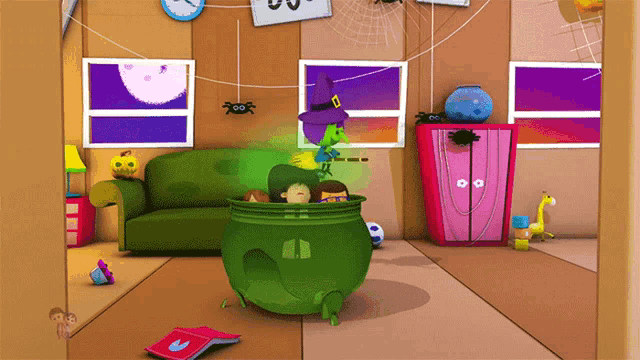a cartoon of a witch in a green cauldron in a living room