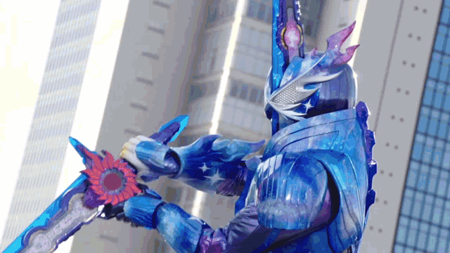 a person in a blue suit is holding a sword