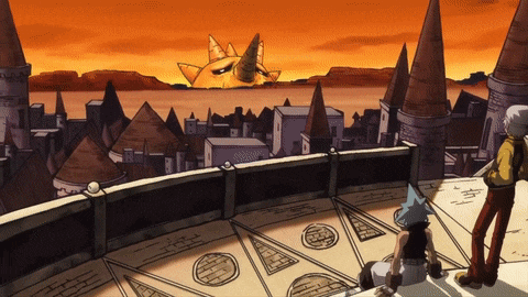 a cartoon drawing of a city with a large yellow object in the sky