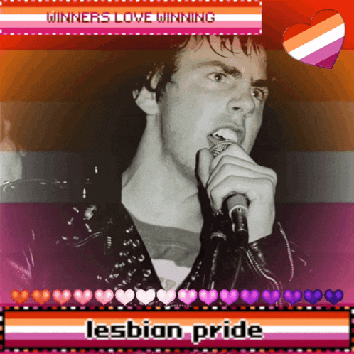 a picture of a man singing into a microphone with the words " lesbian pride " on the bottom