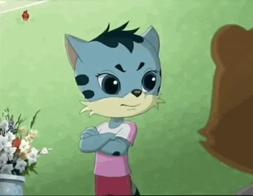 a cartoon cat is standing with her arms crossed next to a vase of flowers