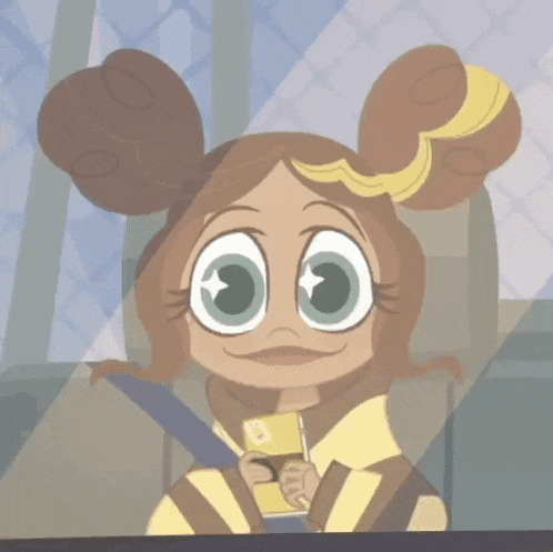 a cartoon girl with big eyes is sitting in a car seat holding a nintendo switch