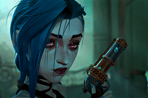 a woman with blue hair and pink eyes is holding a gun