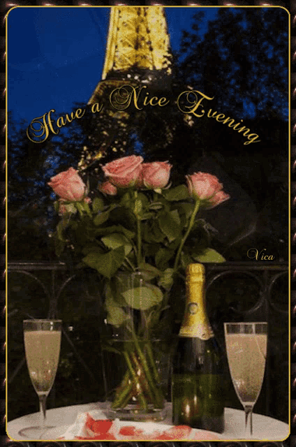 a card that says have a nice evening with a bottle of champagne