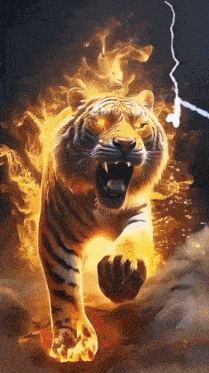 a painting of a tiger surrounded by flames with a lightning bolt behind it